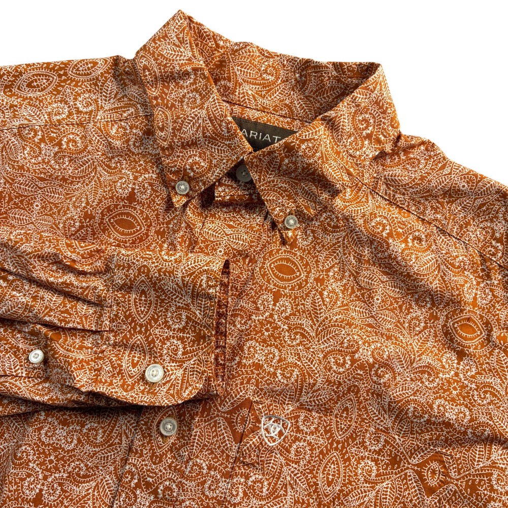 Ariat Mens Size M/M Orange‎ White Paisley Print Button Down Long Sleeve Shirt